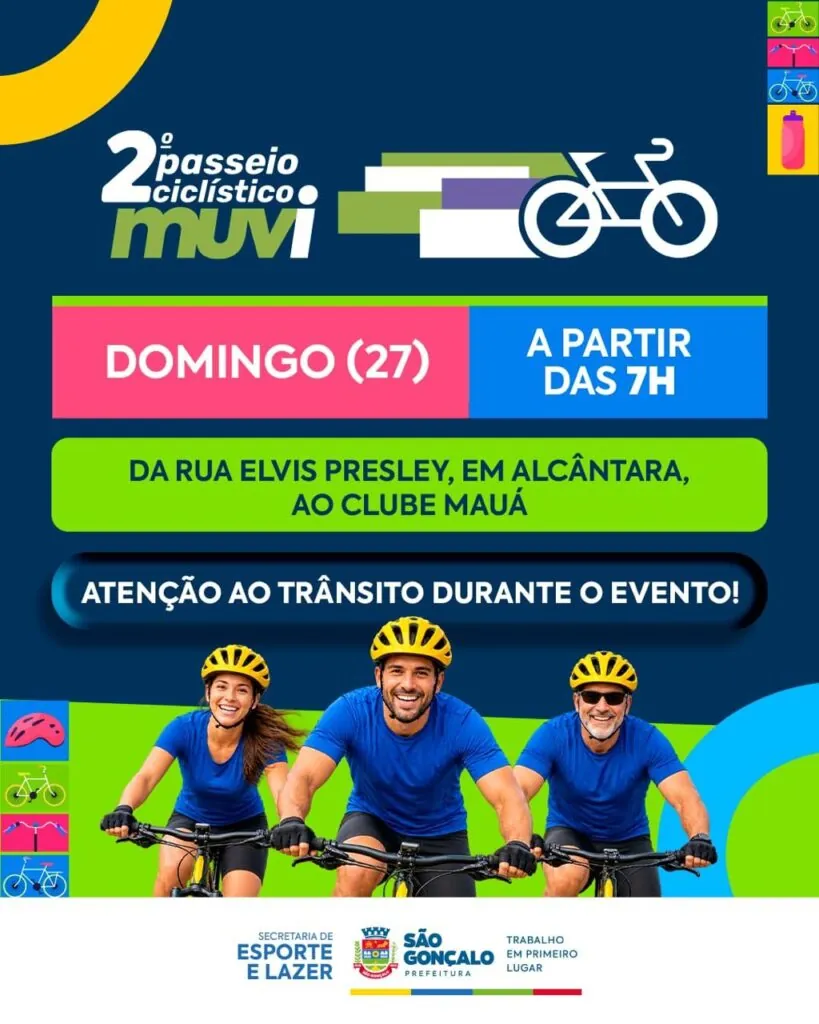 Ciclistas pedalando em rua de São Gonçalo durante um evento, com cones de sinalização e agentes de trânsito.
